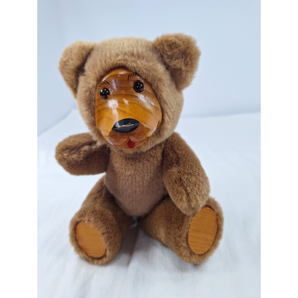 Vintage FTD Plush Teddy Bear with Carved Wood Face and Paws Brown 7.5 Inch